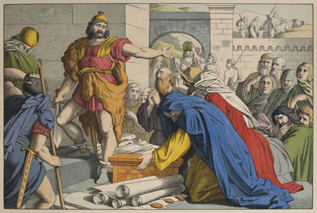 Judas Maccabeus at Maspha, illustration from 'L'Ancien Testament', published by Jakob Ferdinand Schreiber, Esslingen (colour engraving)