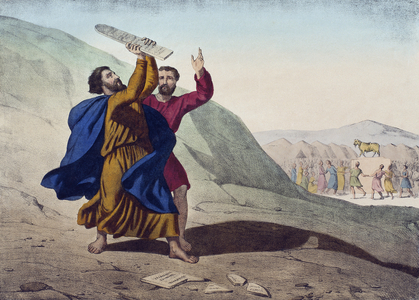Moses breaking the Tablets of the Law and the Adoration of the Golden Calf, illustration from a catechism 'L'Histoire Sainte', published by Charles Delagrave, Paris, late 19th century (colour litho)