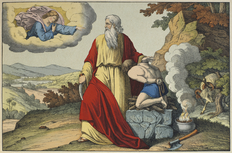 The Sacrifice of Isaac by Abraham, illustration from 'L'Ancien Testament', published by Jakob Ferdinand Schreiber, Esslingen (colour engraving)