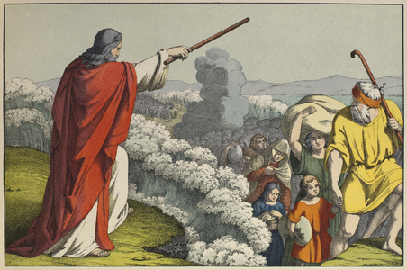 Moses dividing the waters of the Red Sea, illustration from 'L'Ancien Testament', published by Jakob Ferdinand Schreiber, Esslingen (colour engraving)