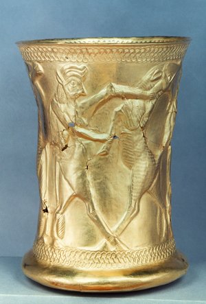 Vase decorated with mythological creatures, Persian, 13th-12th century BC (electrum)