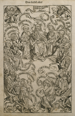 God in glory with saints, illustration from the 'Liber Chronicarum' by Hartmann Schedel (1440-1514) published in Nuremberg, 1493 (woodcut)