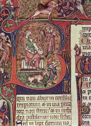 Mms 9961-2 Historiated Initial 'B' from the Peterborough Psalter depicting King David playing the harp, English, (c.1310-20) (vellum)