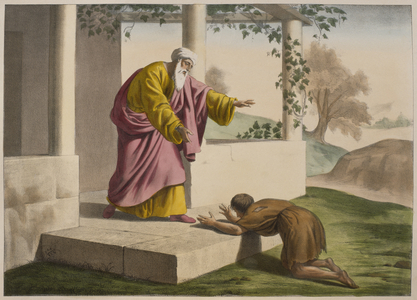 The return of the prodigal son, illustration from a catechism 'L'Histoire Sainte', published by Charles Delagrave, Paris, late 19th century (colour litho)