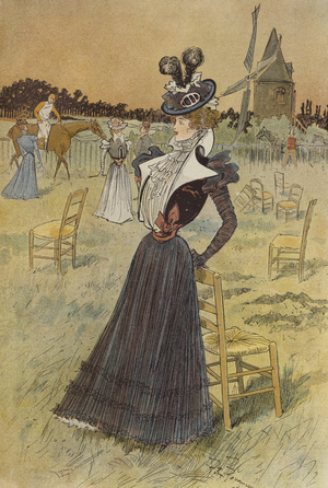 Fashion plate, at Longchamp, illustration from 'La Nouvelle Mode', 1897 (colour litho)