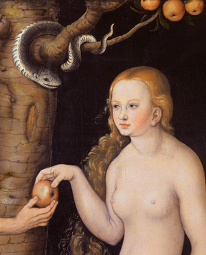 Eve offering the apple to Adam in the Garden of Eden and the serpent, c.1520-25 (oil on wood) (detail of 407328)