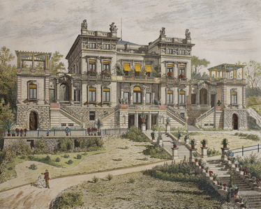 Castle near Stuttgart, garden front, illustration from  'Le Moniteur des architectes', 1881 (colour engraving)