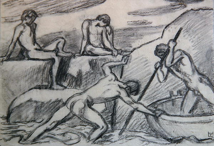 Naked boatman and youths on a green shore (graphite on paper)