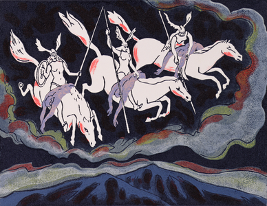 Dead heroes are brought to Valhalla: illustration for 'Die Walkure' (linocut)