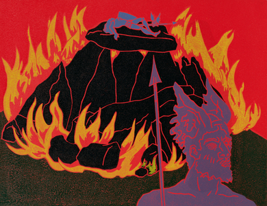 As the flames rise, Wotan sadly leaves his beloved daughter for the last time: illustration for 'Die Walkure' (linocut)