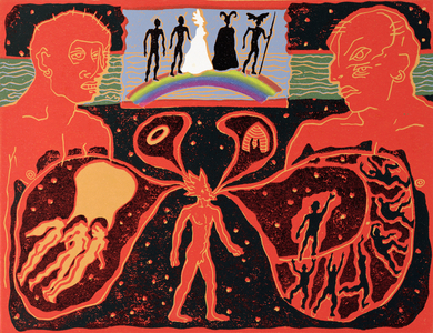 The Rhinemaidens sing of the loss of their gold as the Gods Cross their Rainbow Bridge: Illustration for 'Die Walkure' (linocut)