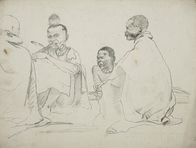 Group of seated Fingos in Eastern Cape Province, 1851 (pencil on paper)
