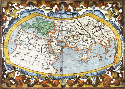 World map, entitled 'Unviersalis tabula iuxta Ptolemeum', plate 1 from Mercator's edition of Ptolemy's 'Geographia', published in Cologne, 1578 (coloured engraving)