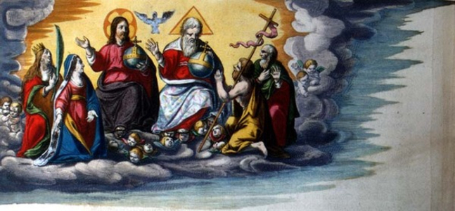 T.1079 Cartouche of the Trinity with the Virgin and saints in attendance, from the 'Atlas Major' by Joan Blaeu (1598-1673), c.1630 (engraving)