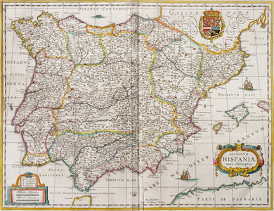 Map of Spain, from 'Blaeus Grooten Atlas, Oft Werelt-Beschryving...' by Joan Blaeu (1596-1673) 1648-65 (coloured engraving)