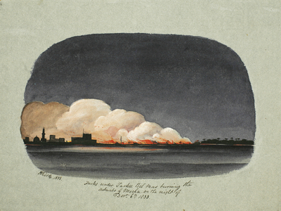 Turks under Turkee Bel Mas burning the suburbs of Mocha on the night of Dec 6th 1833, 1833 (w/c on paper)