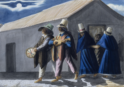 Strolling musicians in the streets of Bogota, by moonlight, 1840 (w/c)