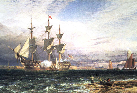 Sheerness, Island of Sheppey, Guardship Saluting, 1875 (oil on canvas)
