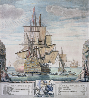 The Dimensions of the Royal Sovereign, engraved by Claude du Bose, c.1721 (coloured etching)