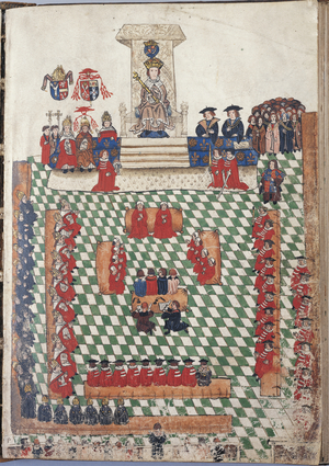 Henry VIII in Parliament, illustration from 'The Wriothesley Garter Book' (vellum)
