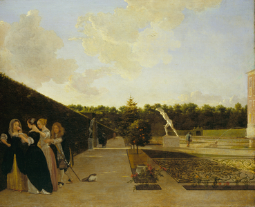 A formal garden: three ladies surprised by a gentleman, c.1676 (oil on canvas)