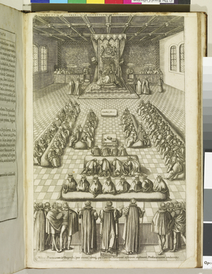 Queen Elizabeth I in Parliament, illustration from 'Robert Glover, Nobilitas politica vel civilis' (engraving)