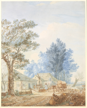 A landscape with a farmstead, drover, horse and cart (pencil & watercolour on paper)