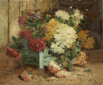 Dahlias in an Urn (oil on canvas)