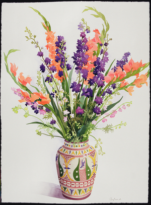 Larkspur and Gladioli in a Moroccan Vase (watercolour)