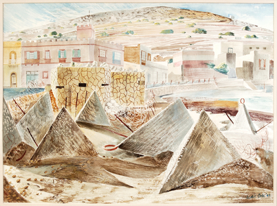 Saint Paul's Bay, Malta, Beach Defence Post with Concrete Construction in the Foreground, 1943 (w/c on paper)