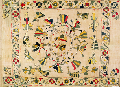Rumal: square embroidery cover showing Punjabi dance, mid 19th century