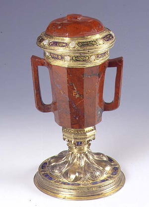 Venetian two-handled cup with lid of antique jasper and Renaissance Florentine settings (jasper, gilded silver)