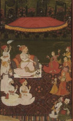 Raja Umed Singh (1771-1819) enjoys a dance performance, inscribed top and in reverse in Devanagari, Rajasthan, Rajput School, 1675 (gouache on paper)
