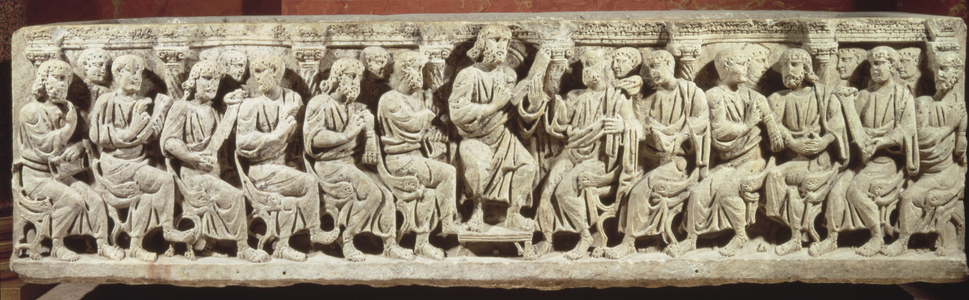 Christ seated and teaching surrounded by the Apostles, marble christian sarcophagus, acquired from the church of Rignieux-le-Franc, end of 4th century AD