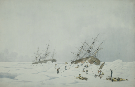 HMS Phoenix and the Breadalbane, at the moment when the latter was crushed (colour litho)