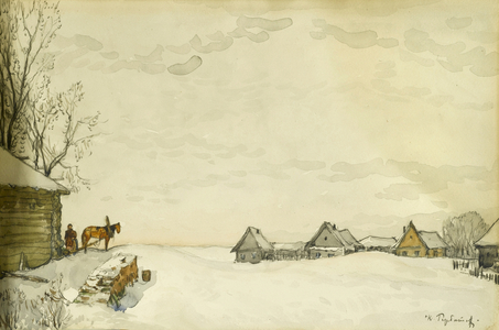 View of a Russian village in winter (pencil, watercolour & wash on paper)