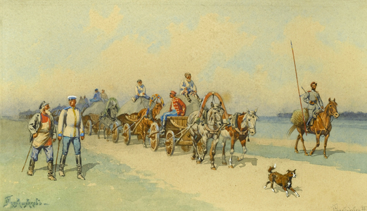 Soldiers Returning Home (pencil & watercolour heightened with white on paper)