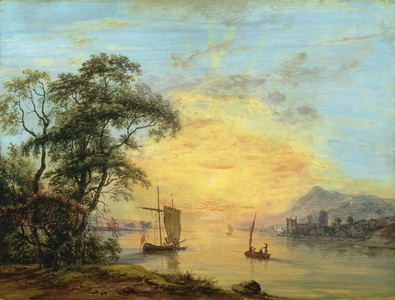 A Welsh Sunset River Landscape, c.1775-1800 (oil on panel)
