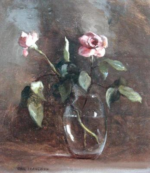 Pink Roses in Glass Vase (oil on canvas)