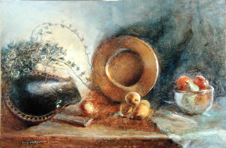 Brass Plate with Fruit and Black Wooden Bowl (oil on canvas)
