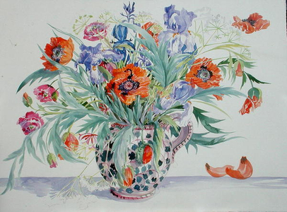 Red Poppies, Iris and Cow Parsley (w/c on paper)