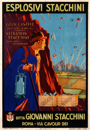Poster advertising 'Stacchini' Industrial Explosives, printed by Barbino & Graeve, Genoa, 1929 (colour litho)