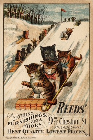 Advertisement for 'Reed's, for clothing furnishing, hats and shoes', printed by Bufford Sons Litho. Co., 1887 (colour litho)