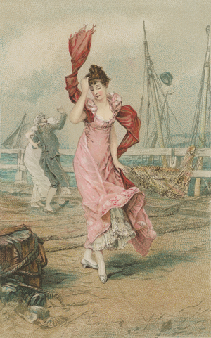 Victorian postcard of a woman at a harbour, printed c.1899 (colour litho)