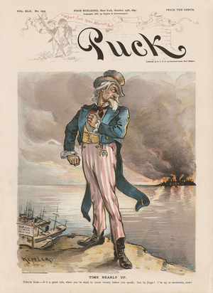 'Time nearly up', Uncle Sam and Cuba, illustration for 'Puck Magazine', Vol. XLII, No. 1075, Oct. 15th 1897 (colour litho)