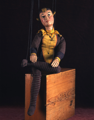 Contortionist (painted & carved wood, textiles & metal)