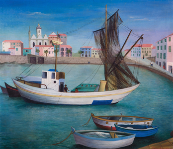 Fishing Boats in Porto San Stefano, 1976 (oil on canvas)