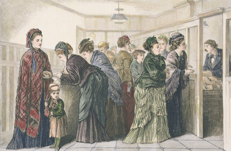 Women at the newspaper office placing advertisements for work, New York, 1874 (coloured engraving)
