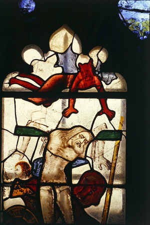 Detail from a window depicting the Crucifixion: the Thief on Christ's Left (stained glass)