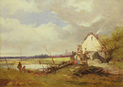 Anglers by a Cottage on a River Bank